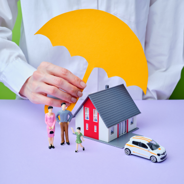 umbrella over toy people car and house